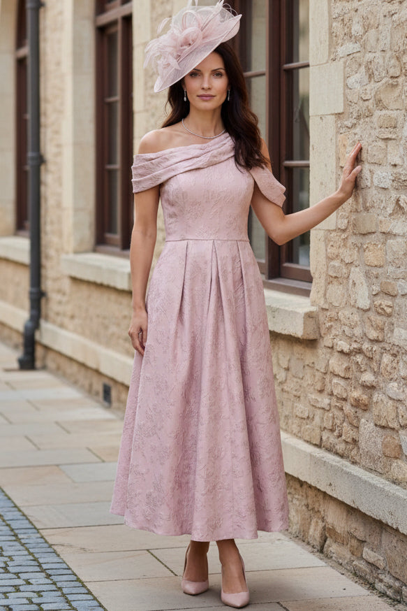 Off-the-Shoulder Pleated Jacquard Midi Dress