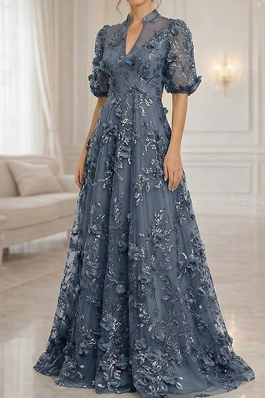3D Floral Applique A-Line Gown with Puff Sleeves