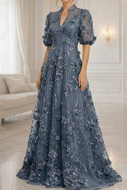 3D Floral Applique A-Line Gown with Puff Sleeves