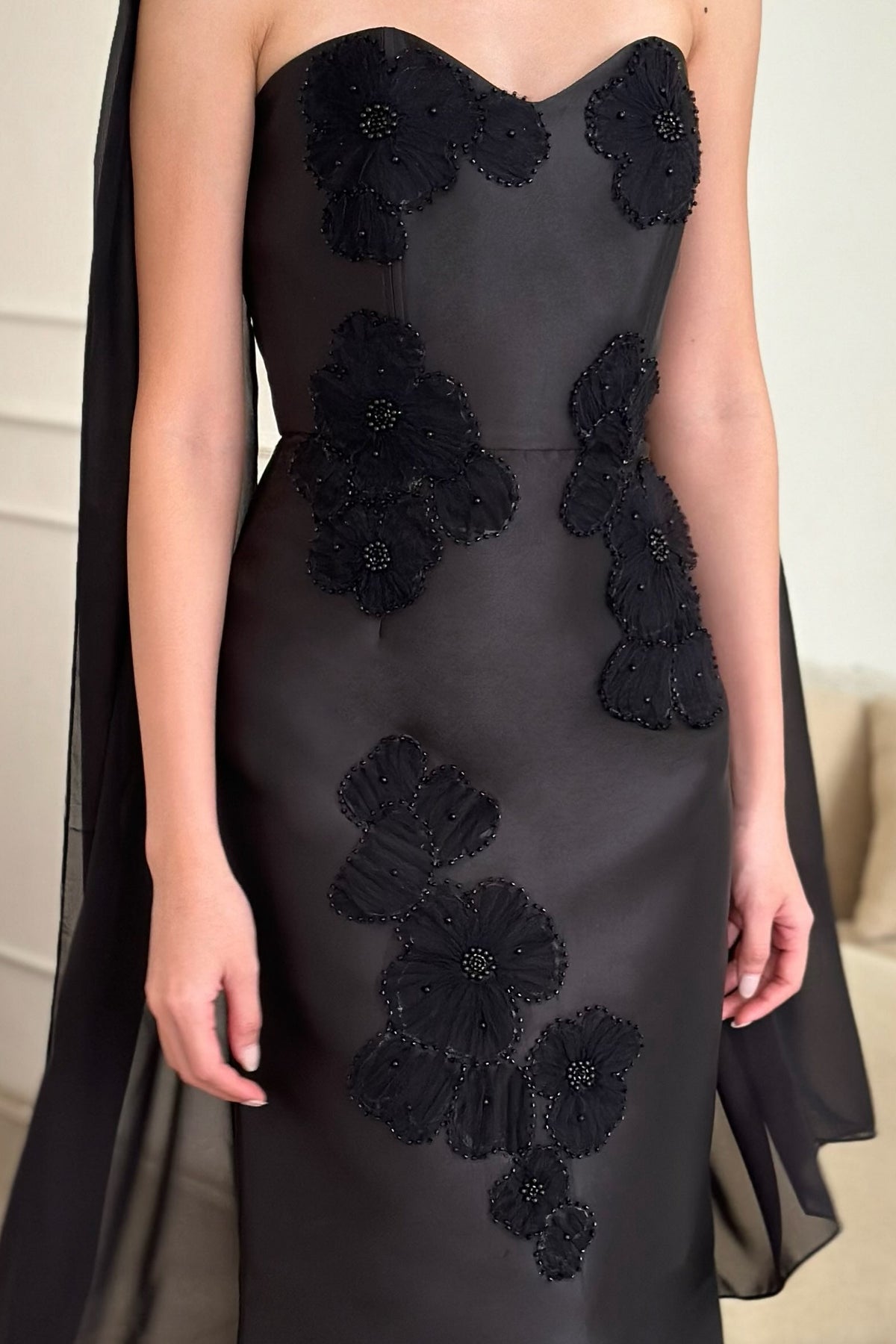 Strapless Column Dress with Beaded Florals & Scarf