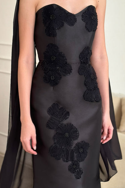 Strapless Column Dress with Beaded Florals & Scarf