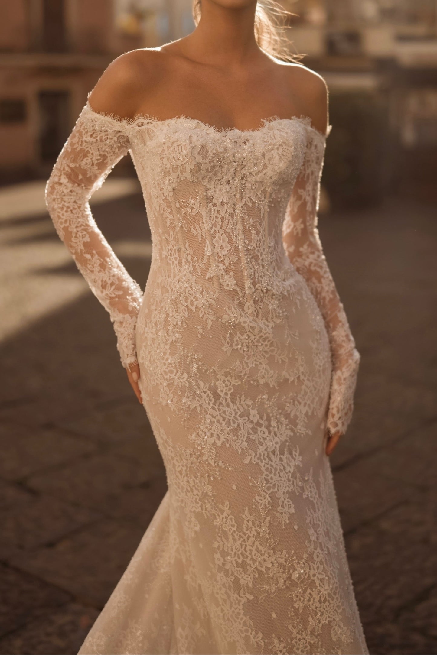 Off-Shoulder Lace Mermaid Wedding Gown with Long Sleeves