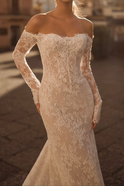 Off-Shoulder Lace Mermaid Wedding Gown with Long Sleeves