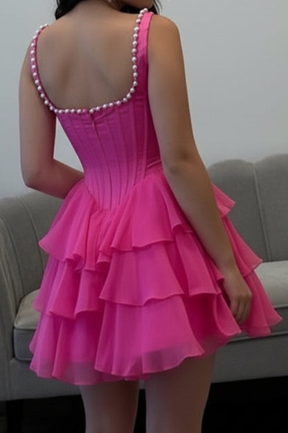 Tiered Ruffle Corset Mini Dress with Pearl Straps