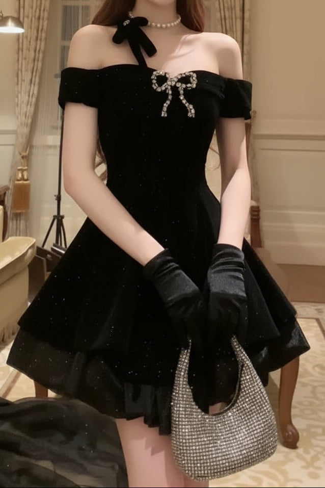 Off-the-Shoulder Glitter Tiered Mini Dress with Bow