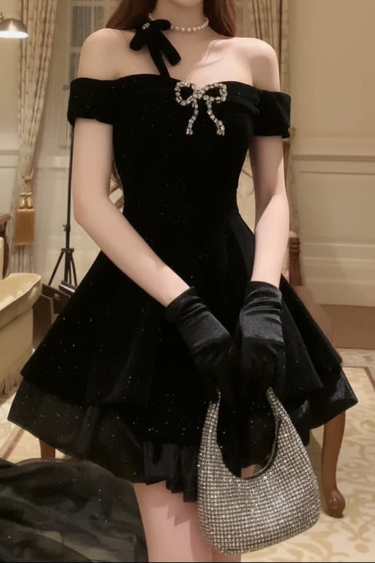 Off-the-Shoulder Glitter Tiered Mini Dress with Bow