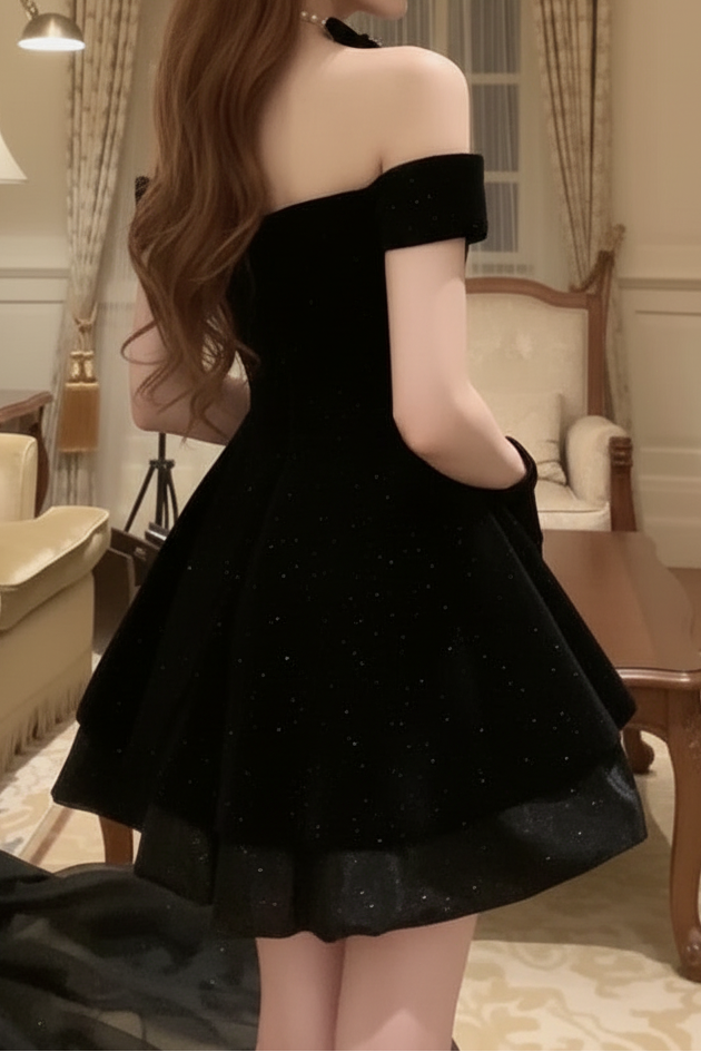 Off-the-Shoulder Glitter Tiered Mini Dress with Bow