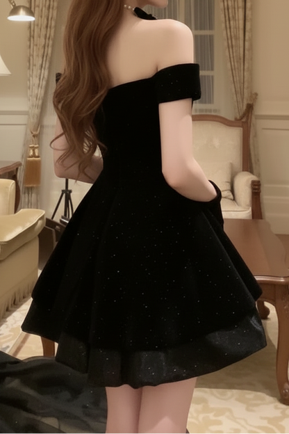 Off-the-Shoulder Glitter Tiered Mini Dress with Bow