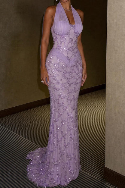 Halter Sequin Mermaid Gown with Ruched Accents