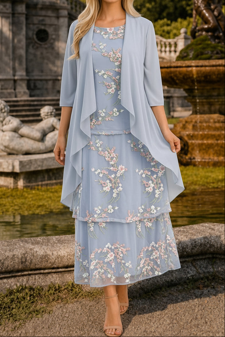 Embroidered Floral Mesh Dress & Draped Jacket Set