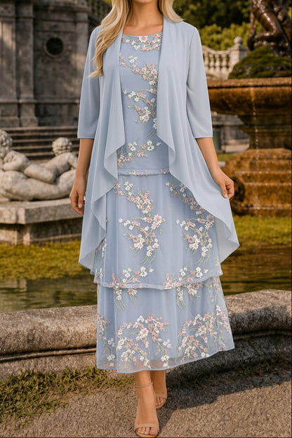Embroidered Floral Mesh Dress & Draped Jacket Set