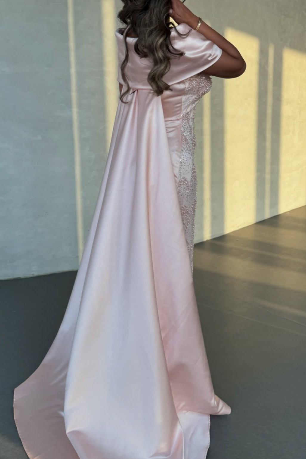 Beaded Column Gown with Draped Satin Train