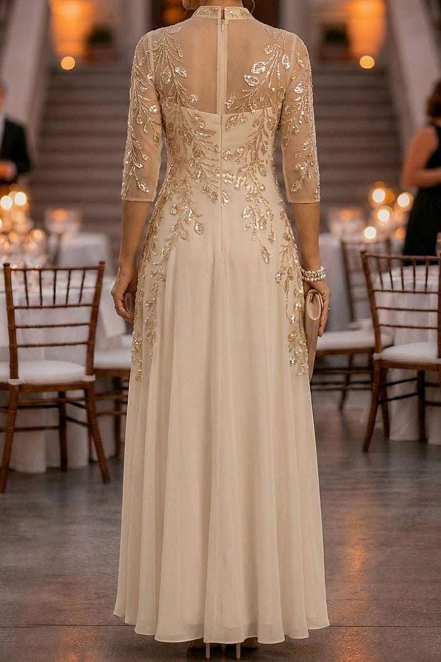 Sequin Illusion Sleeve A-Line Formal Evening Dress