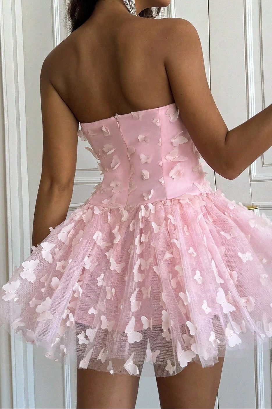 Strapless 3D Butterfly Applique Corset Mini Dress