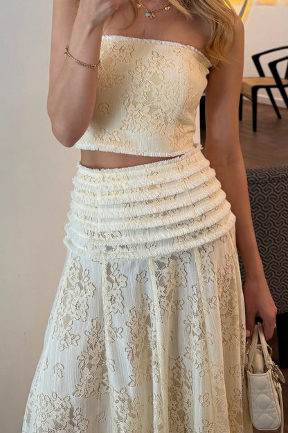 Strapless Floral Lace Crop Top and Maxi Skirt Set