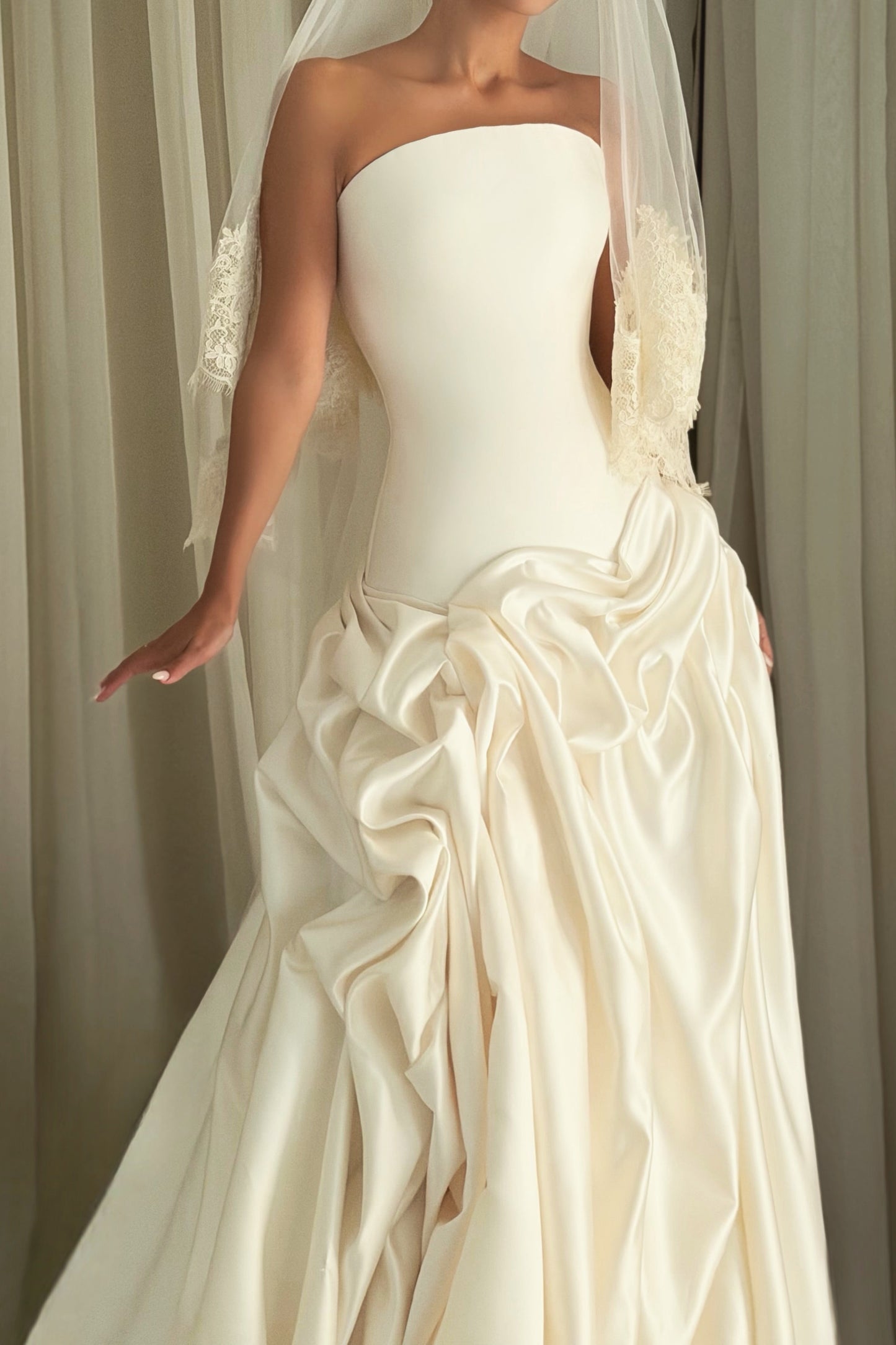 Strapless Ruched Drop Waist Wedding Dress
