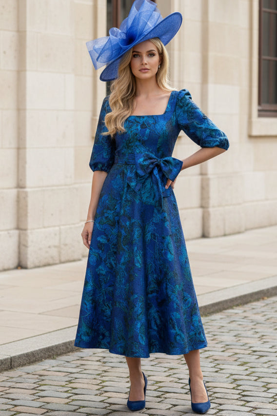 Elegant Square Neck Jacquard Midi Dress