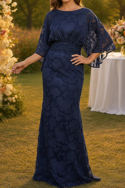 Floral Lace Sheath Gown with Bell Sleeves & V-Back