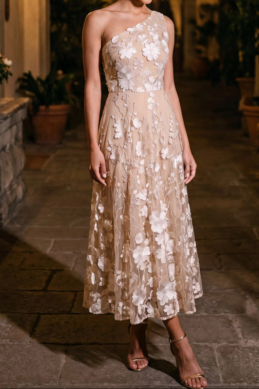 One-Shoulder 3D Floral Applique Midi Dress
