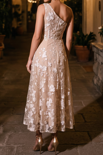 One-Shoulder 3D Floral Applique Midi Dress