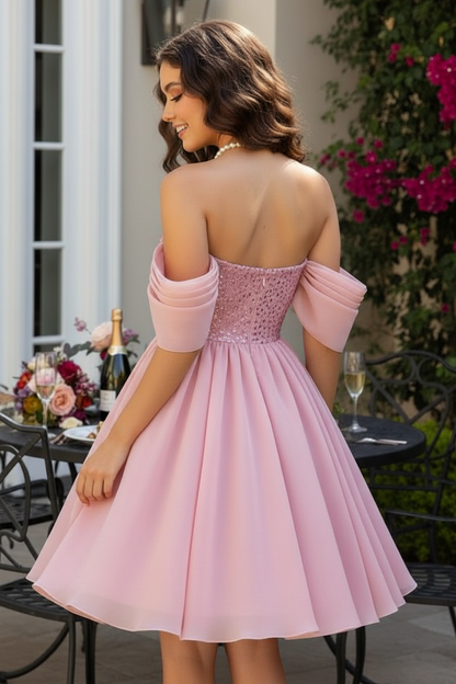Beaded Sweetheart Mini Dress with Off-Shoulder Drapes