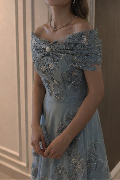 Off-the-Shoulder Embroidered A-Line Tea-Length Gown