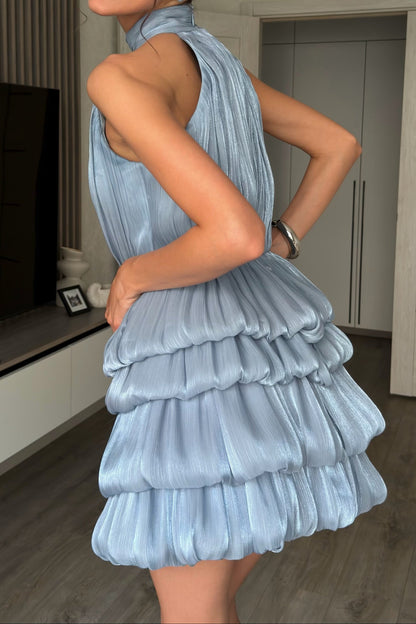 Pleated Tiered Halter Mini Dress