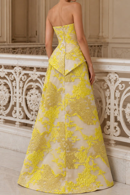 Strapless Jacquard A-Line Gown with Peplum
