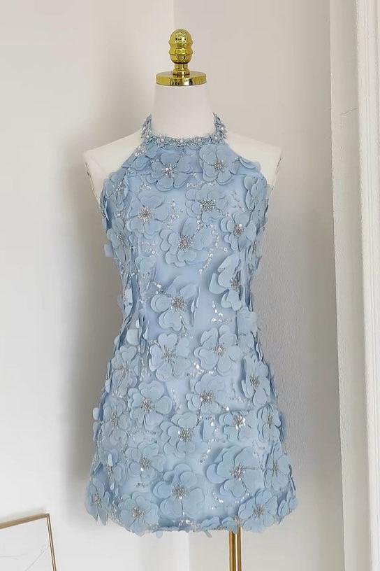 3D Floral Applique Halter Mini Dress with Beading