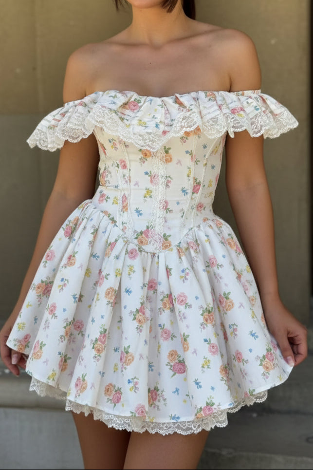 Romantic Floral Corset Off-the-Shoulder Mini Dress