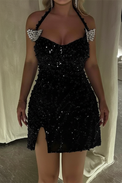 Sequin Halter Mini Dress with Rhinestone Butterflies