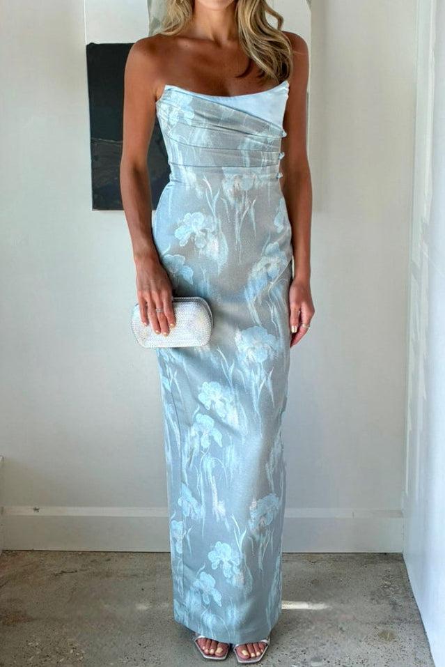 Strapless Floral Jacquard Column Evening Gown