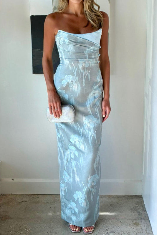 Strapless Floral Jacquard Column Evening Gown