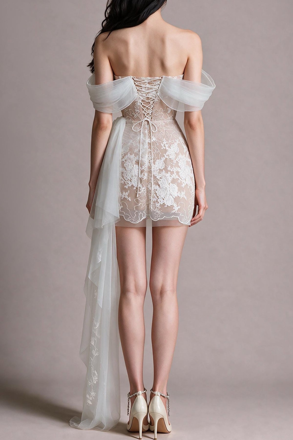 Lace Off-the-Shoulder Mini Dress with Side Train