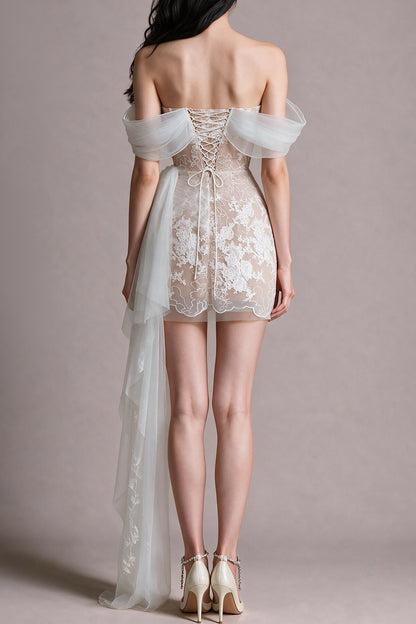 Lace Off-the-Shoulder Mini Dress with Side Train