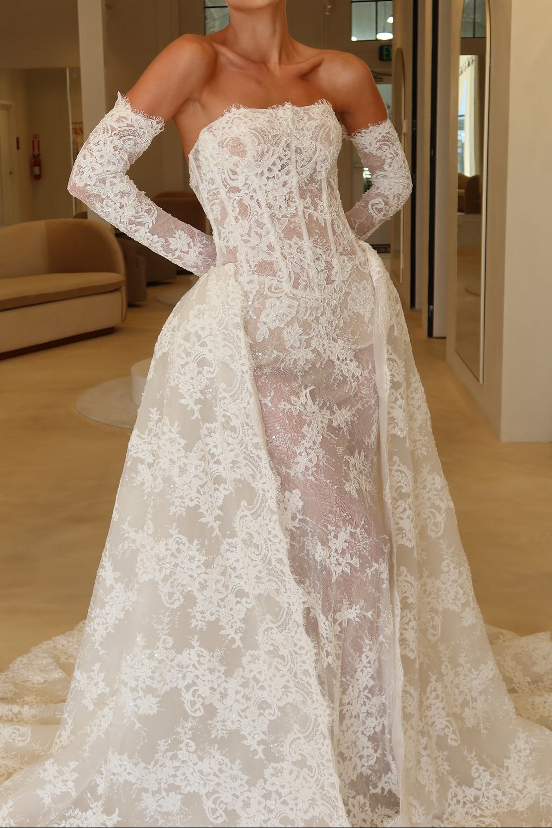 Strapless Lace Corset Bridal Gown with Overskirt