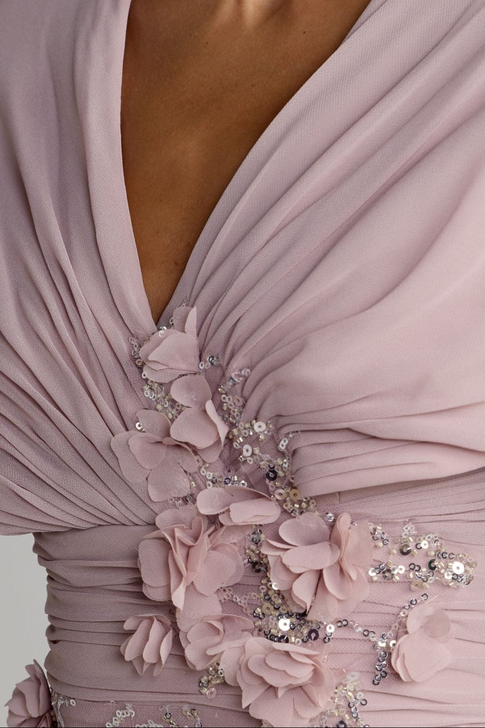 V-Neck Cape Sleeve Evening Gown with 3D Florals