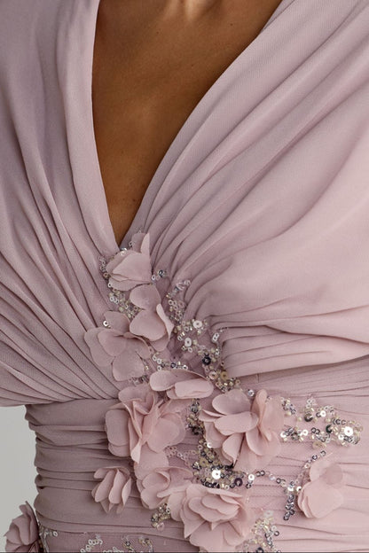 V-Neck Cape Sleeve Evening Gown with 3D Florals