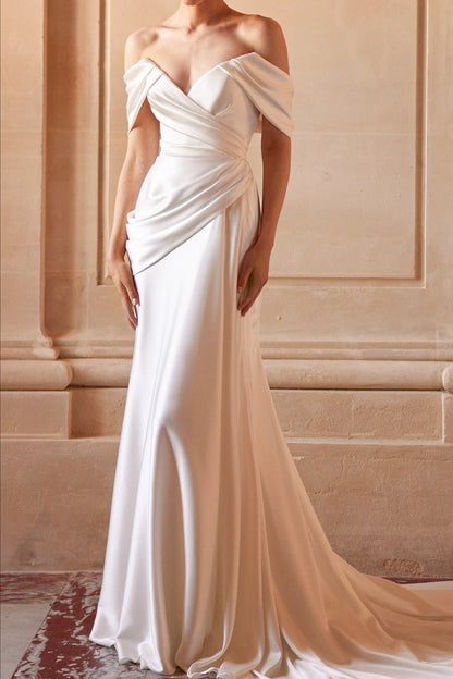 Draped Off-the-Shoulder Satin Wedding Dress