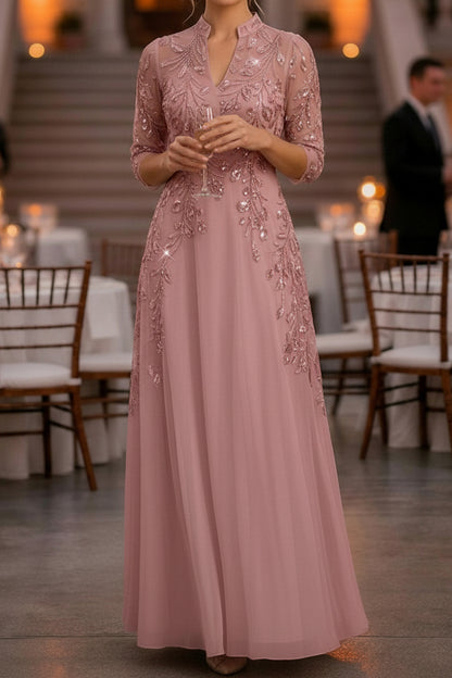 Sequin Illusion Sleeve A-Line Formal Evening Dress