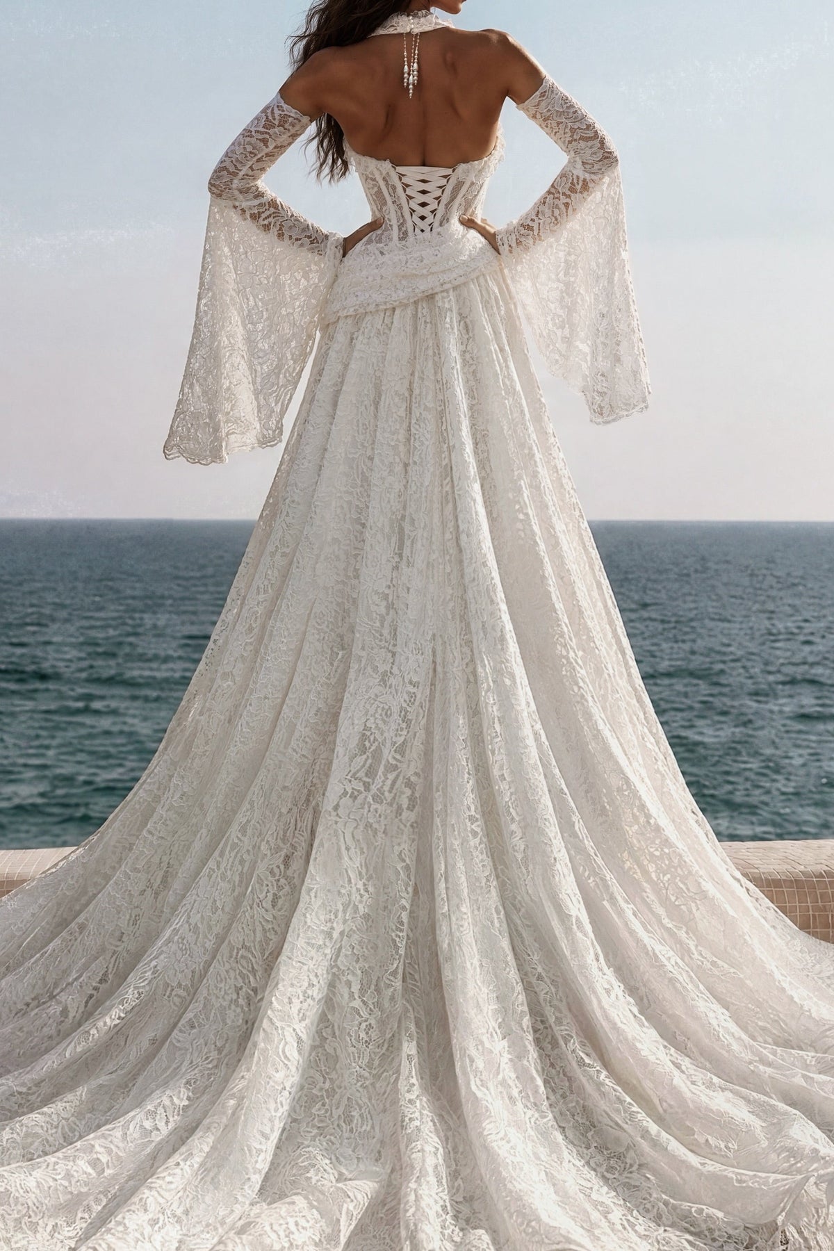 Lace Halter Wedding Dress with Slit and Sleeves