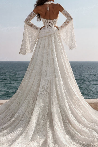 Lace Halter Wedding Dress with Slit and Sleeves