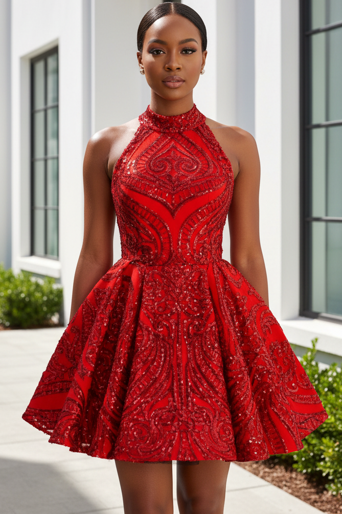High Neck Sequined Halter A-Line Mini Dress