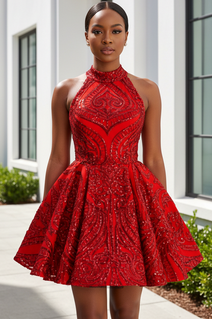 High Neck Sequined Halter A-Line Mini Dress