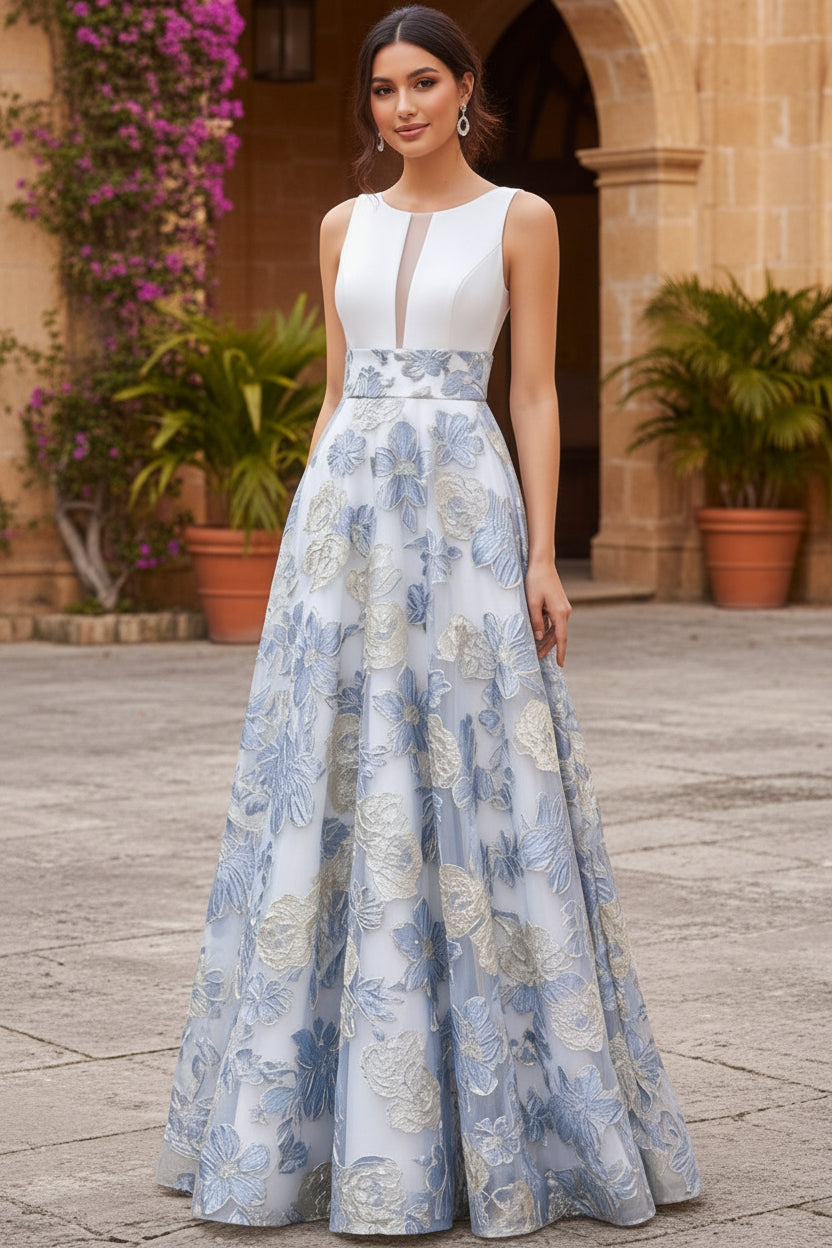 Floral Jacquard A-Line Evening Gown with Satin Bodice