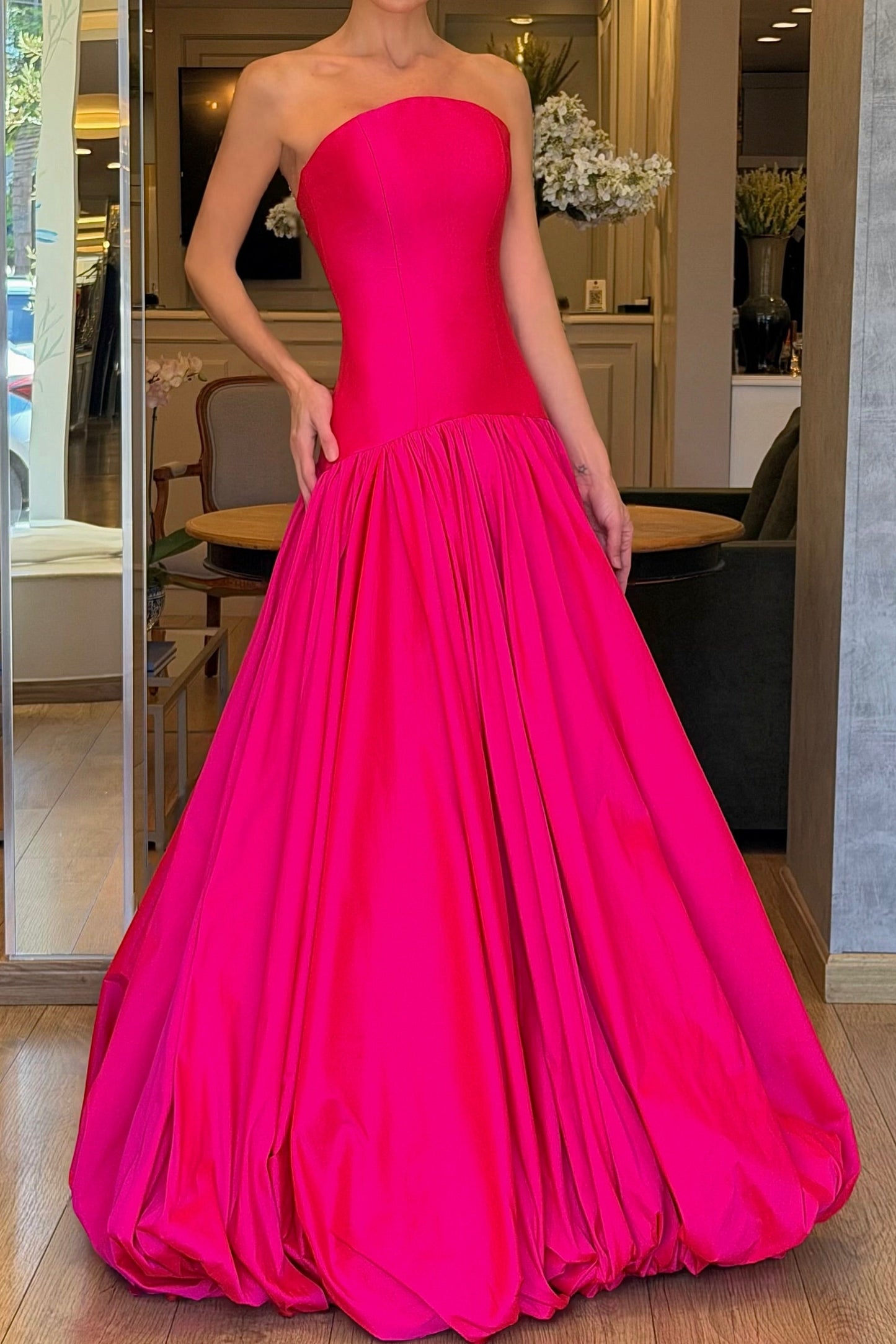Strapless Satin Ball Gown with Bubble Hem Skirt