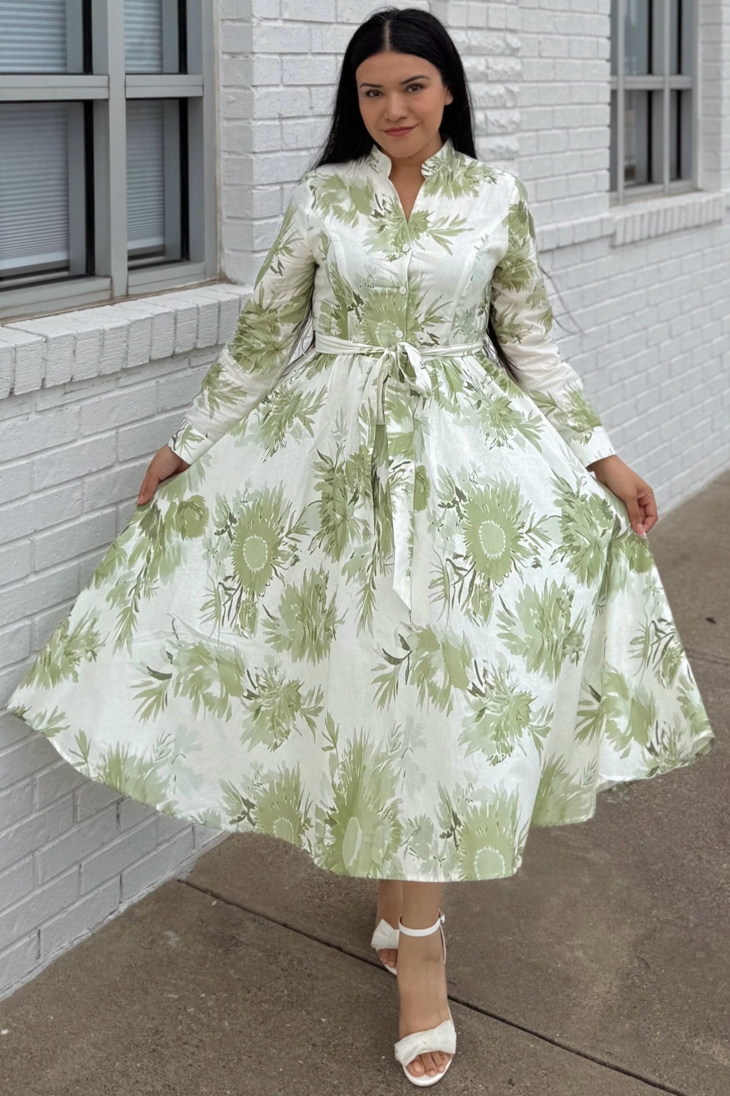 Floral High Neck Long Sleeve Midi Dress