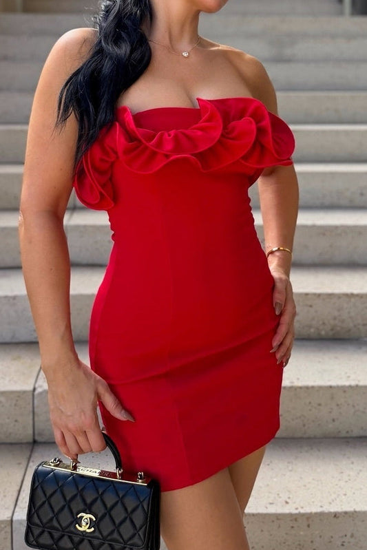 Strapless Ruffled Bodycon Mini Dress