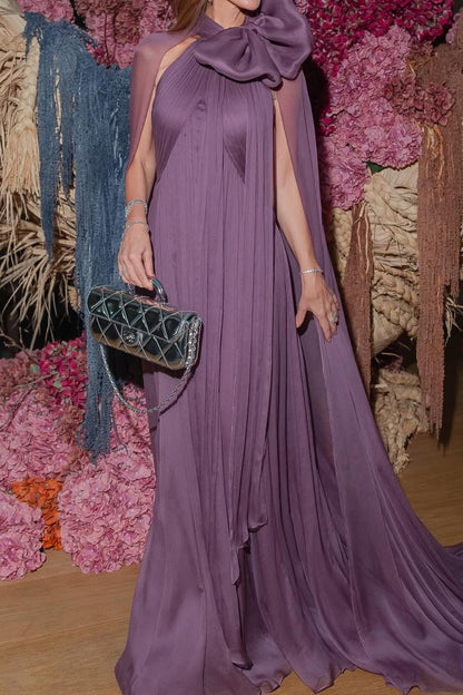 Pleated Cape Evening Gown with Bow Neckline