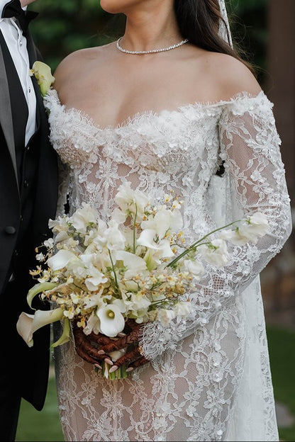 Off-Shoulder Lace Open-Back Wedding Gown